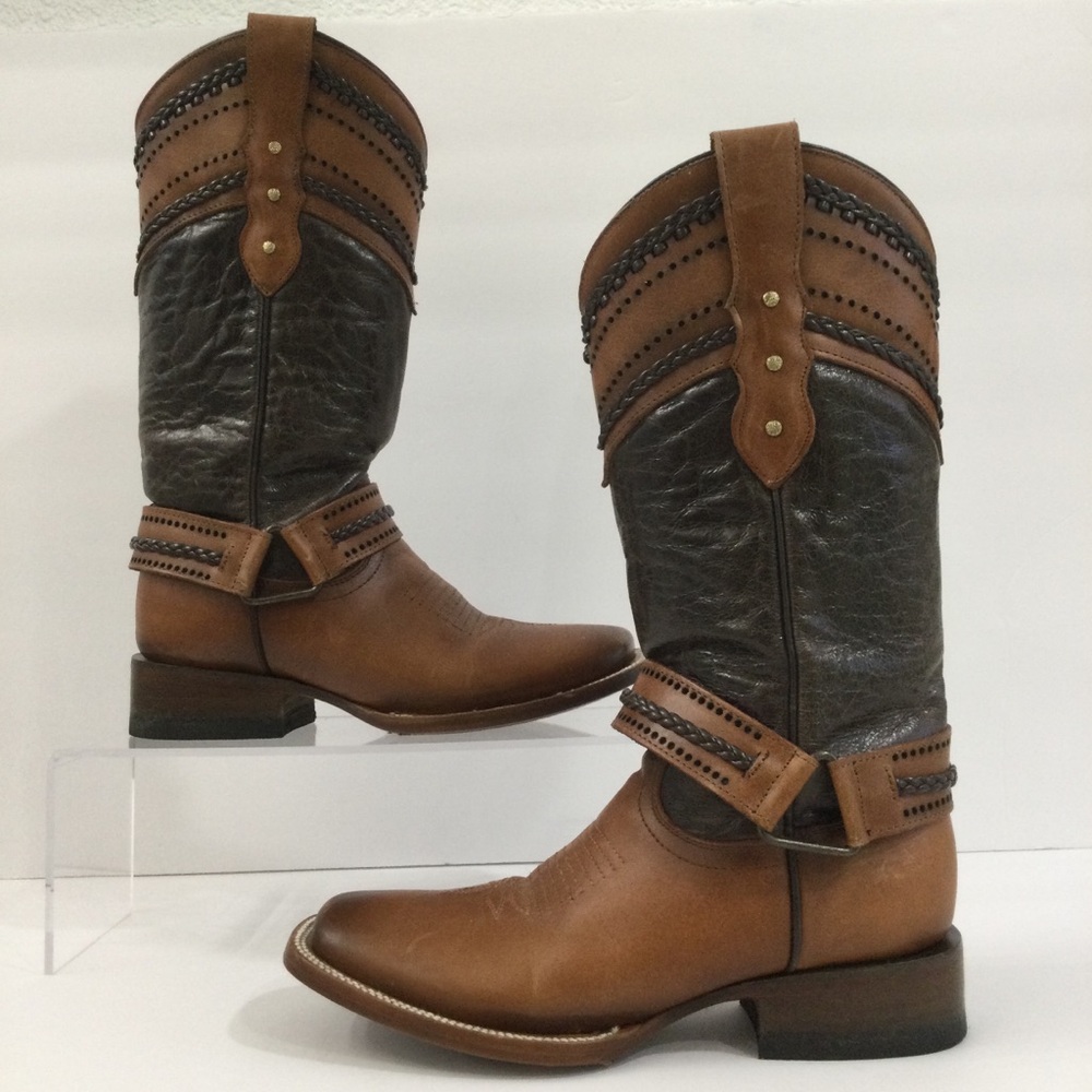 Quincy Cowgirl Cowboy Western Boho Brown Braided Buckle Square Toe Boots